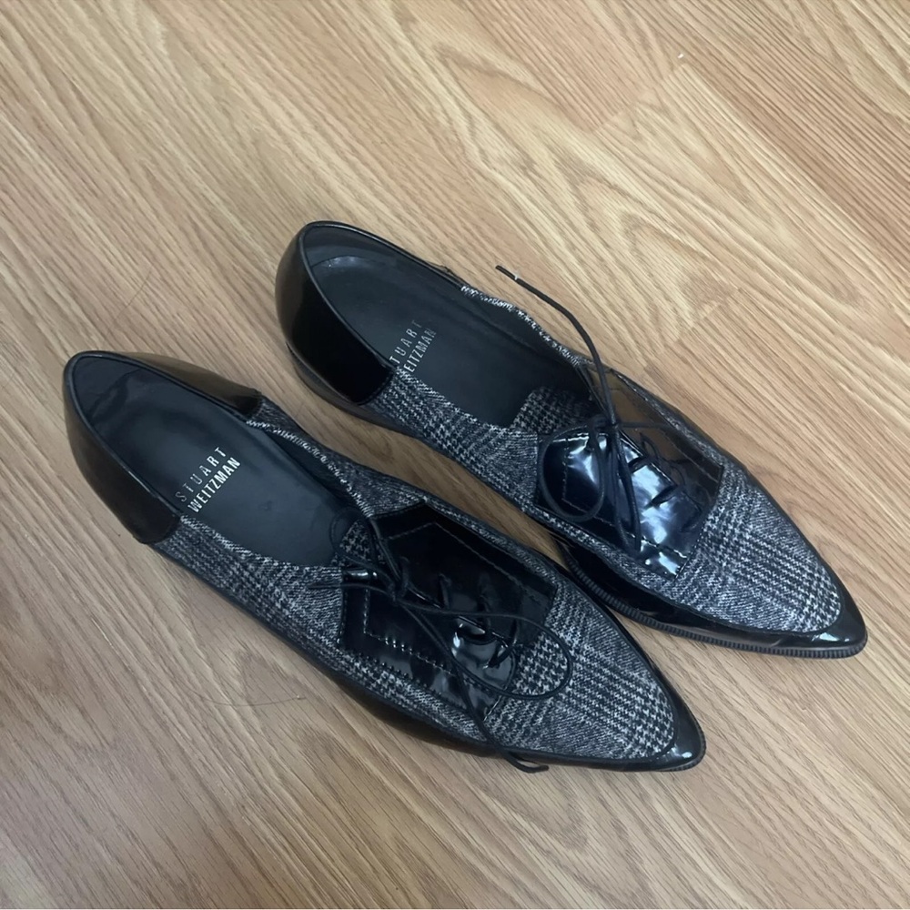 Stuart Weitzman Womens 8 1/2W Leman Pointed Toe Oxfords Black/Gray Lace Up Flats